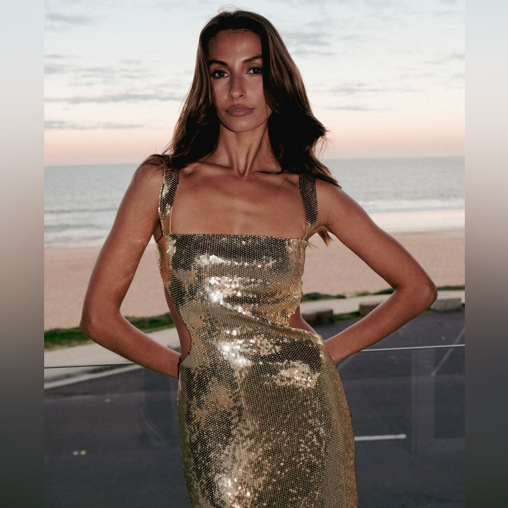 Meshki- sequin cutout maxi dress size MED NWT
